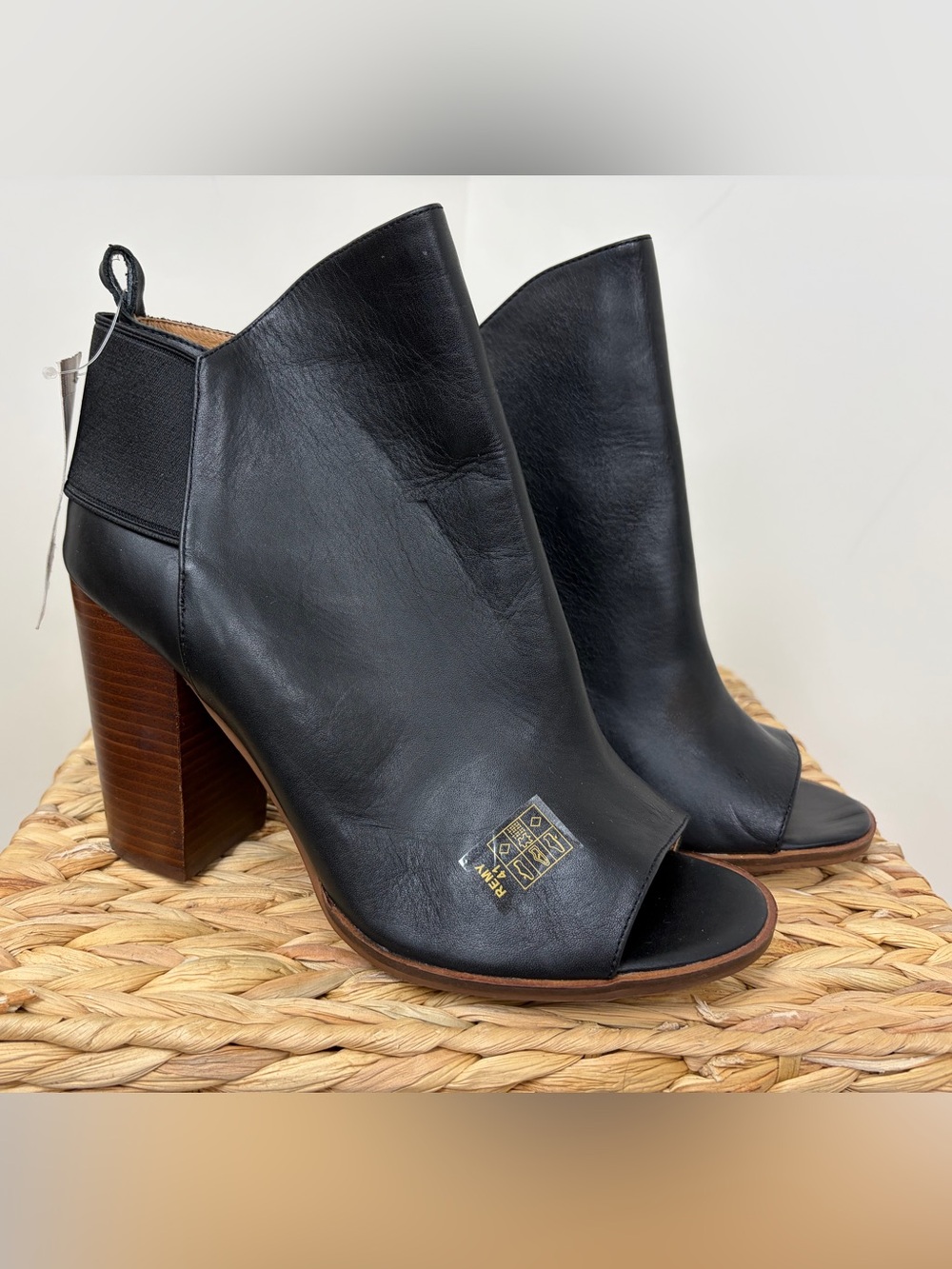 Kelsi Dagger Black Leather Peep-Toe Stacked Heel Booties